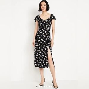 Old Navy Flutter Sleeves Black Floral Crepe Midi Dress